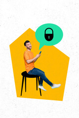 Poster - Vertical photo collage of happy man sit stool hold phone locked password notification privacy identification isolated on painted background