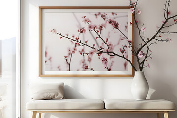 Wall Mural - Modern spring Scandinavian living room interior, Wooden picture frame, poster mockup. Cherry plum blossoms in a vase, Elegant stylish minimal home decor Background