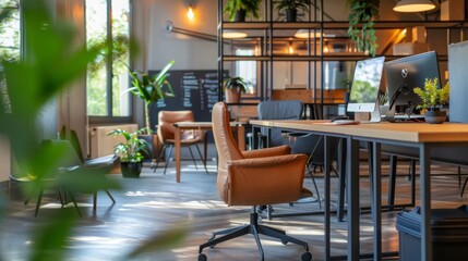 Poster - Modern Office Interior with Leather Chair and Wooden Desk