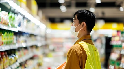 A man in a face mask looks at products in a grocery store.