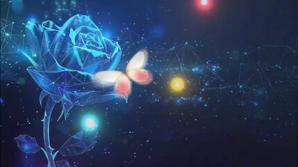 Wall Mural - Digital Rose with Butterfly and Light Effects. Seamless looping time-lapse 4k video animation background