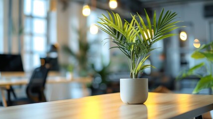 Poster - Office Plant on Wooden Desk with Blurred Background