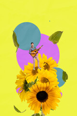 Sticker - Vertical poster collage young cheerful man guitar player hobby talented performer acoustic instrument sunflower season summer blossom