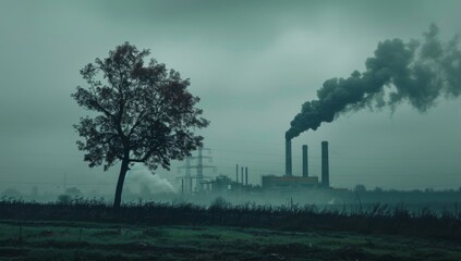 tree standing in front of factory with smoke coming out, representing environmental protection and global warming