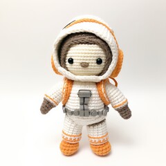 Wall Mural - Crocheted astronaut doll in orange and white spacesuit is ready for journey