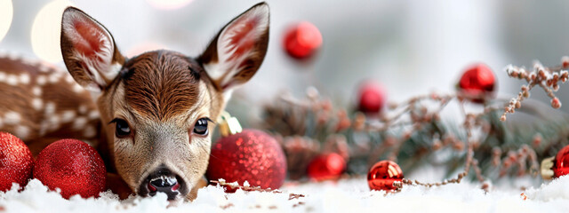 Wall Mural - A little fawn on the background of a Christmas decor.