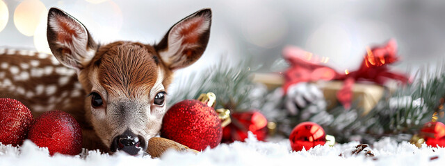 Wall Mural - A little fawn on the background of a Christmas decor.