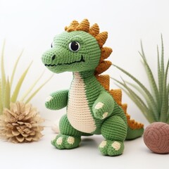 Wall Mural - A green and orange crochet dinosaur plush toy with a friendly face and large eyes