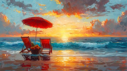 Wall Mural - Sunset beach scene with red chairs and umbrella - generative ai