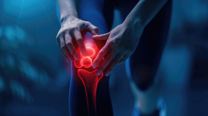 Close-up of knee pain with glowing red hip and leg on dark blue background