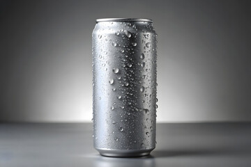 gray blank Carbonated energy drink mockup template with water drops isolated on light gray background. A high resolution.