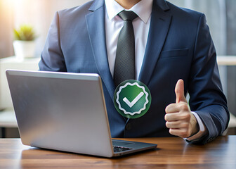 Editorial photo of a business professional approving a quality control certificate on a laptop, the laptop displaying a certificate interface: 