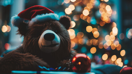 Wall Mural - Christmas background with teddy bear and christmas tree on bokeh