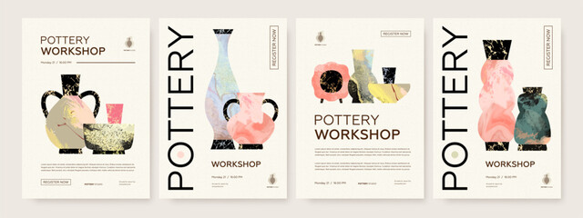 set of pottery workshop advertising vectot poster design template. hand made ceramics, clay crockery
