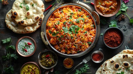 Wall Mural - Delicious indian cuisine with biryani and naan bread - generative ai