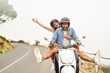 Poster - Happy couple, excited and bonding for motorbike ride, travel or adventure in countryside of Italy. Woman, man and safety with partner, romance or together on holiday, vacation or trip in relationship