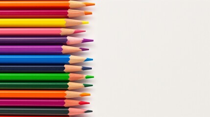 Poster - A row of colored pencils are lined up on a white background. The pencils are of various colors, including red, blue, green, and yellow. Concept of creativity and artistic expression