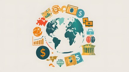 Poster - the concept of a circular letter of credit in international trade, with banks, currencies, and global trade routes 