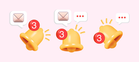 Poster - 3D Minimal Notification Bell Icon with Floating Chat Dialogue, Messages, and Inbox. New Social Media Alert Concept on Pastel Background 3D Vector Illustration.