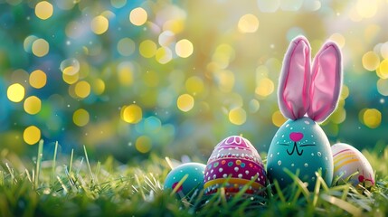 Wall Mural - Colorful easter eggs with bunny ears on green grass over bokeh background