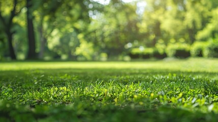 Canvas Print - Green lawn and trees background with copyspace. Nature background concept. 