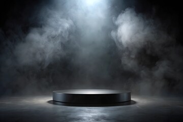 Poster - podium black dark smoke background product platform abstract stage texture fog spotlight. dark black