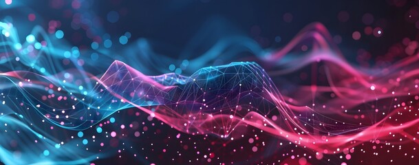 Poster - Abstract background with polygonal waves and dots, representing a digital network or data transfer concept. Modern vector illustration for web design, banner, poster, or presentation. Flat color style