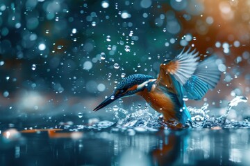 A close-up of a common kingfisher diving into a crystal-clear stream, with water droplets frozen in mid-air.