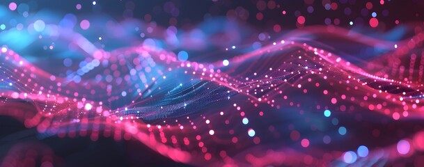 Poster - Abstract digital background with geometric waves and dots, featuring vibrant pink, blue, and red colors on a dark purple background. Wavy lines connect to create an intricate pattern, symbolizing the 