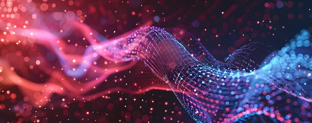 Aufkleber - Abstract digital background with geometric waves and dots, featuring vibrant pink, blue, and red colors on a dark purple background. Wavy lines connect to create an intricate pattern, symbolizing the 