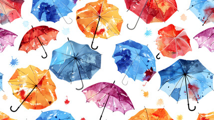 Whimsical pattern of vibrant rainbow umbrellas on a white background.