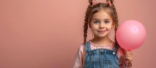 Wall Mural - Little Girl with Pink Balloon Smiling on Pink Background