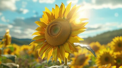Poster - Detailed view of sunflower's golden center, field of sunflowers in background