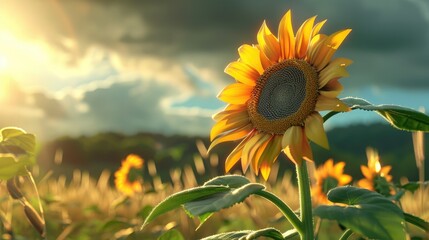 Poster - Single sunflower with detailed petals and a wide field behind