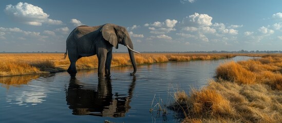 Elephant Drinking from a River in a Savanna Landscape