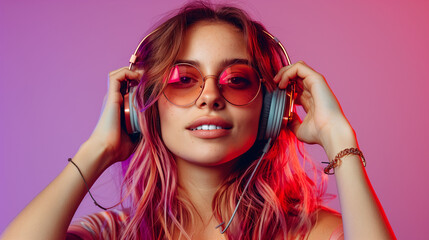 Wall Mural - Stylish Young Woman with Headphones and Sunglasses