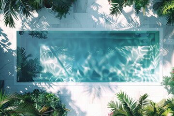Poster - Top-down shot of a modern luxurious swimming pool encompassed by vibrant green plants, showcasing clear water and creating an ambiance of relaxation and luxury.