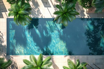 Poster - A serene view of a swimming pool with lush surrounding foliage, capturing the gentle interplay of light and shadow on the water, creating a peaceful ambiance.