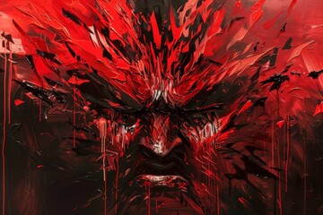Leinwandbilder - This abstract image focuses on a face with intense expressions, enveloped in vivid red flames, symbolizing extreme emotions, anger, and turmoil, created with dynamic strokes.
