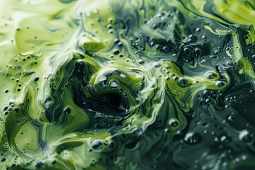 Poster - An intriguing image featuring green and black fluid swirls creating a mesmerizing abstract pattern with bubbles that evoke a sense of depth and natural beauty.