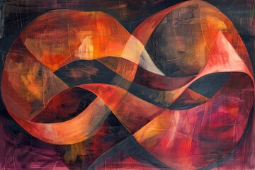 Poster - This abstract painting depicts intertwined, vivid shapes in warm hues of red, orange, and yellow, creating a dynamic, energetic composition that captivates the viewer.