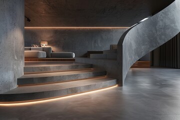 Poster - The elegant minimalist interior features a curved staircase illuminated by subtle lighting, blending form and function in a modern architectural masterpiece.