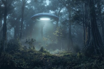 Poster - An alien spaceship hovers in a twilight forest, casting a beam of light onto the ground, creating an otherworldly and mystical ambiance through the misty, dense trees.