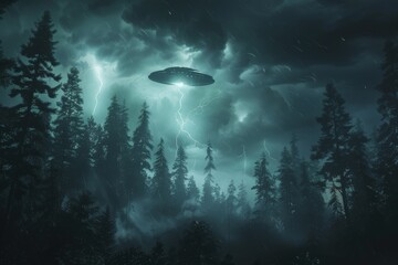 Poster - During a dark, lightning-filled stormy night, a UFO flies over the forest, casting light and creating a powerful and dramatic scene that evokes mystery and fear.