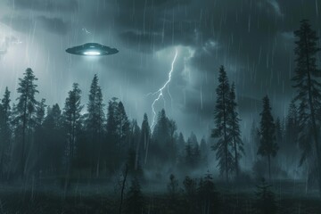 Aufkleber - A UFO enlightens a rainy, stormy forest night with its powerful light, highlighting the trees and creating an eerie, mysterious scene amidst lightning bolts in the background.