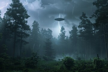 Aufkleber - A mysterious unidentified flying object hovers over a dense forest, illuminated by dramatic lightning during a storm, casting an eerie and exciting ambiance.
