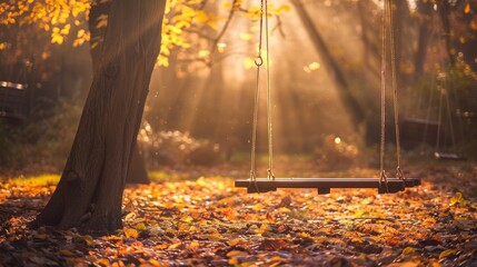 Wall Mural - Autumnal Swing Set in a Golden Forest - A solitary swing set hangs from a tree branch in a peaceful autumn forest, bathed in the warm glow of the setting sun. The leaves on the ground are a mix of ora