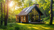 © Алена Ваторина - Modern tiny house with  windows in a lush forest, sunlight filtering through trees