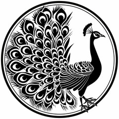 Elegant black and white illustration of a peacock in a circular design, creating a striking ornamental graphic art.