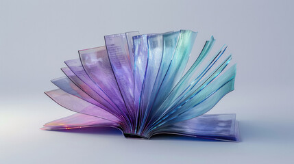 blue purple glass book with pages on light grey background